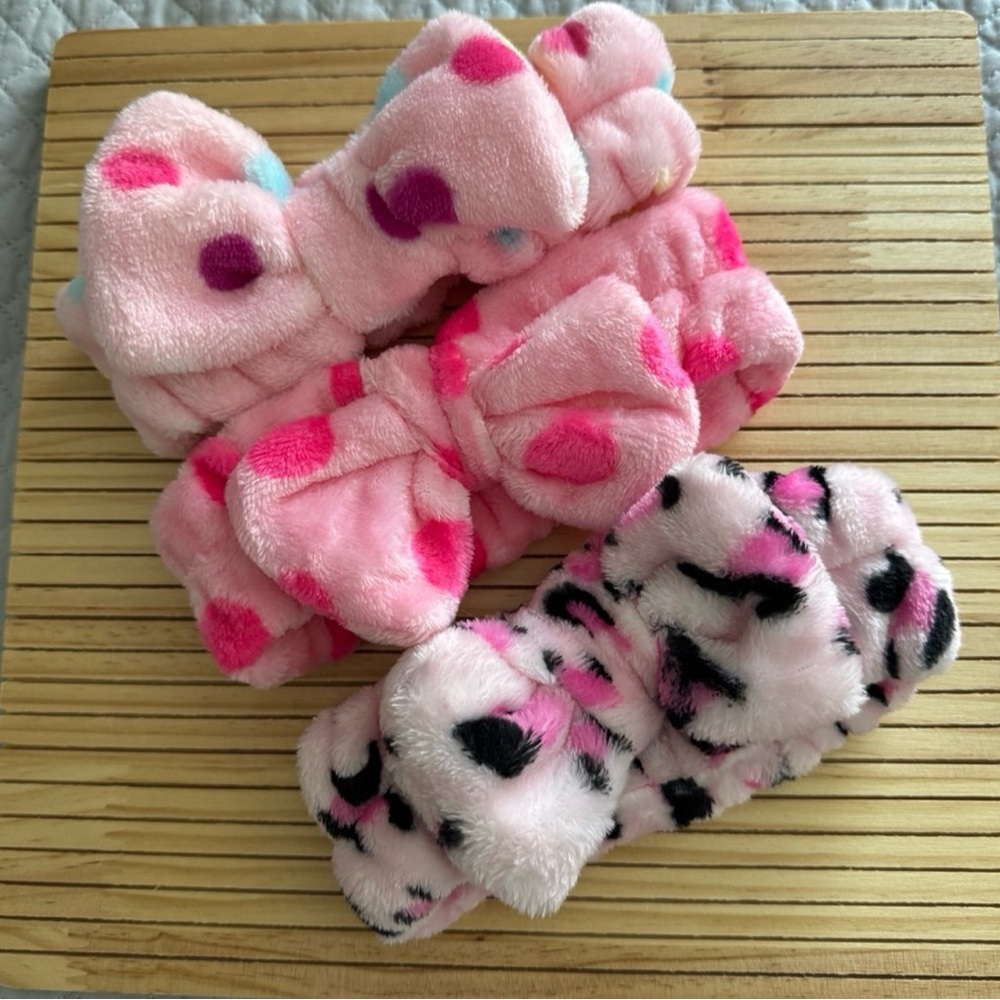 Set of 3 Pink and Black Polka Dot Women Headbands for Spa / Makeup